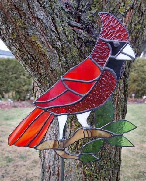 Cardinal on Garden Stake – Lyons Stained Glass Art